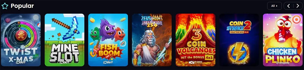 Popular games row showing thumbnails for Twist X-Mas, Mine Slot, Fish Boom, Zeus & Hades Gods of War, 3 Coin Volcanoes, Coin Strike 2, and Chicken Plinko.