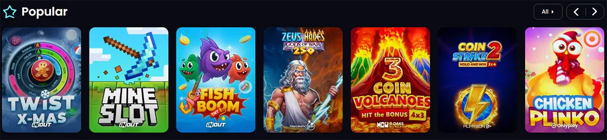 Popular games row showing thumbnails for Twist X-Mas, Mine Slot, Fish Boom, Zeus & Hades Gods of War, 3 Coin Volcanoes, Coin Strike 2, and Chicken Plinko.