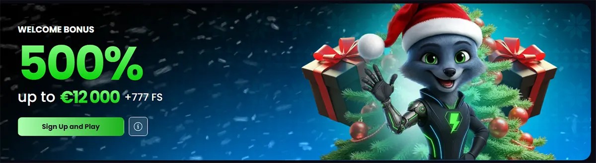 Holiday casino welcome bonus banner offering 500% up to €12,000 plus 777 free spins, featuring a cute robotic cat in a Santa hat with gift boxes and a Christmas tree.