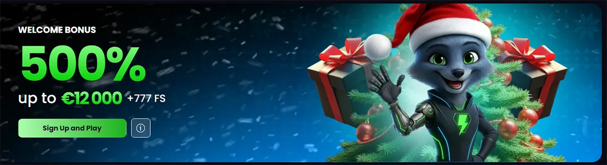 Holiday casino welcome bonus banner offering 500% up to €12,000 plus 777 free spins, featuring a cute robotic cat in a Santa hat with gift boxes and a Christmas tree.