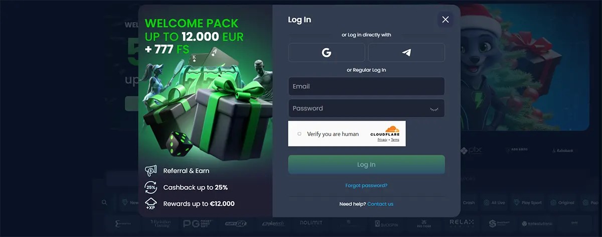 Casino login pop-up with Google/Telegram sign-in options, email and password fields, and a Cloudflare “Verify you are human” checkbox, alongside a welcome pack promo offering up to €12,000 plus 777 free spins.