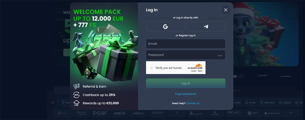 Casino login pop-up with Google/Telegram sign-in options, email and password fields, and a Cloudflare “Verify you are human” checkbox, alongside a welcome pack promo offering up to €12,000 plus 777 free spins.